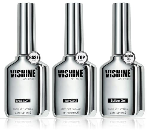 Vishine 3Pcs 16ml Gel Top Coat, Nail Glue Gel and Base Coat Set, 5 In 1 Nail Glue Shine Effect Long Lasting Soak Off Uv Light Lamp DIY Home