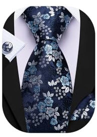 Barry.Wang Juego de corbatas florales para hombre, corbata de seda, pañuelo y gemelos para bodas, negocios formales, Azul marino y blanco, Taille unique