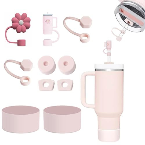 7WUNDERBAR Juego de Accesorios de 10 Tazas Stanley con 6 Tapones de Silicona a Prueba de Fugas, 2 Tapas de pajitas, 2 Tazas Stanley 1,2l y 850 ml de Tapas Protectoras Silicona(Cuarzo rosa10 Unidades)