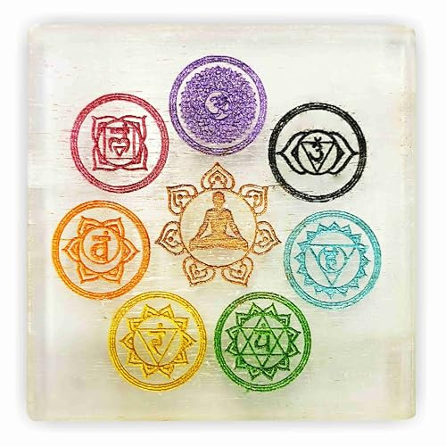 HOME GENIE Seven Chakra Selenite Square Plate for Energy Healing & Meditation | Crystal Charging Plate | Spiritual Home Decor | Diameter: 9 cm