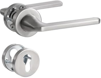 SORWDUERM Türgriff Silber Drückergarnitur, Edelstahl matt gebürstet, Türklinke für Haustür und Innentür, L-Form, Rund-Rosette, PZ - Profilzylinder