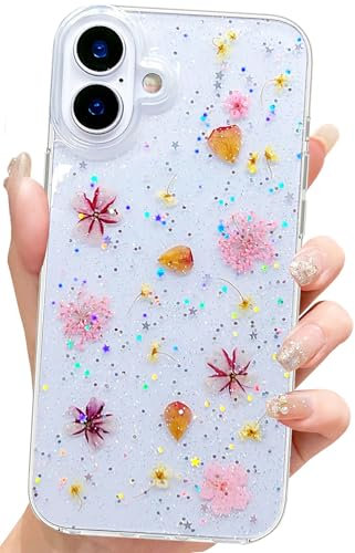 Abbery Coque de protection pour iPhone 16 - Motif fleurs à paillettes - Transparent - Avec fleurs de cerisier séchées - En TPU - Pour femme et fille - Antichocs - Anti-rayures - Rose