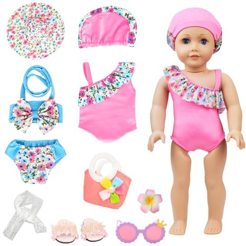 Kleidung Outfits für Baby Puppen, 10 Puppenkleider Cute Badeanzug Set Puppenzubehör für 35 cm 32cm 36cm Puppen mit Badeanzug Hüte Hausschuhe Sonnenbrillen Handtaschen Haarspange 14–18 Zoll Puppen