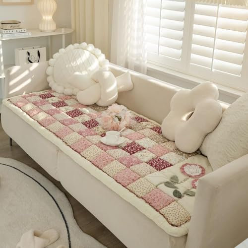 Floral Patchwork Sofa Abdeckung Bauernhof Baumwolle Gepolsterte Slipcover Rutschfeste Plaid Haustiermatte Stuhl Kissen (Rot, 70 * 180cm)