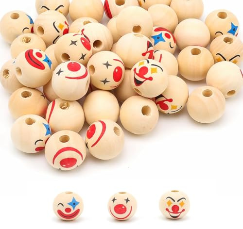 HSUYUN Perlen mit Gesicht, 45 Stück Holzkugeln mit Loch, Bastelperlen, 20mm, Clown, für DIY Bastelbedarf, Dekorationen, Gewebte Puppen, Armband