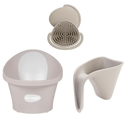 Shnuggle Newborn Baby Bath Starter Bundle | The Perfect Baby Bath Partnership | Baby Bath, Rinse Jug & Bath Brush | Taupe
