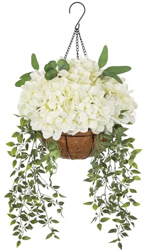 Oairse Artificial Hanging Flowers with Basket, White Faux Silk Flower Arrangement with Hydrangea Flower & Trailing Greenery, Outdoor Hanging Flowers Spring Decor for Porch Garden Patio Balcony
