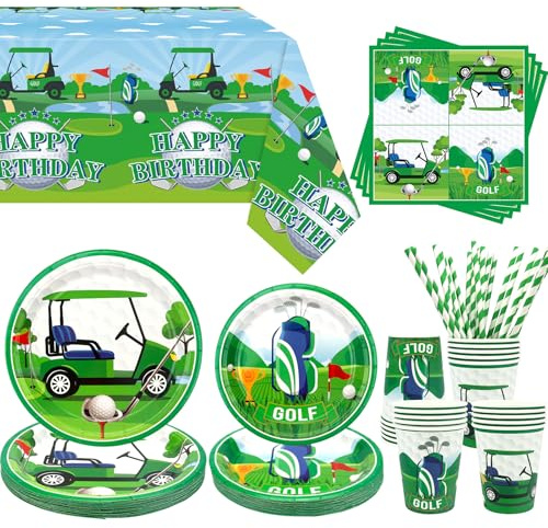 Obussgar Golf Party Decoration - Golf Birthday Party Tableware Supplies Includes Plates, Cups, Napkins, Tablecloth, Straws - Serves 20