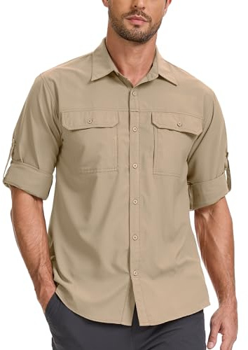 Chemise Homme Outdoor Manches Longues Séchage Anti-UV Safari Chemise | Chemise pêche Top Homme, Coupe Classique, Respirante et Léger Fonctionnelle Chemise, Chemise Boutonnée Homme pour Randonnée