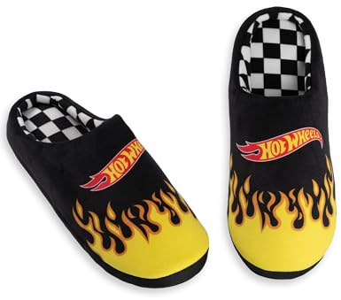 Hot Wheels Mens Black Flame Mule Slippers | Plush Indoor Footwear Text | Comfortable House Shoes | Perfect for Relaxing at Home Merch