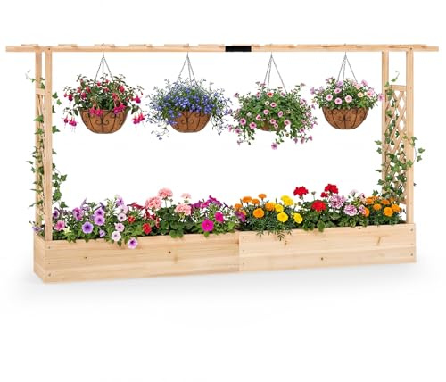 GiantexUK Raised Garden Bed with Arch Trellis, Wooden Garden Planter Box with Drainage Holes, Climbing Plants Vines Vegetables Herbs Flower Pots Grow Box for Patio Backyard (Natural, 220x35x114cm)