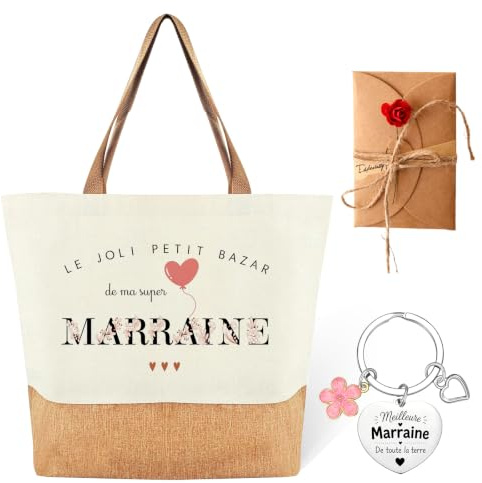 Cadeau Marraine Sac Tote 3 Pièces Avec Porte-Clés Et Carte Pour Baptême