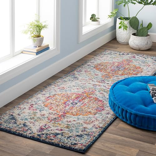 Livabliss Asmara Vintage Teppich groß - Teppich Wohnzimmer 80x220 cm, Esszimmer, Schlafzimmer, Orientalischer Teppiche Boho Style - Carpet Living Room, Bunter Muster, Blau und Orange