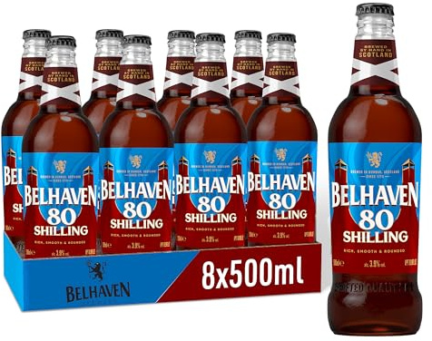 Belhaven 80 Shilling Scottish Ale 500ml Bottles – 8 Pack | Rich Malty Craft Beer with Smooth Caramel Notes | Traditional Scottish Brew