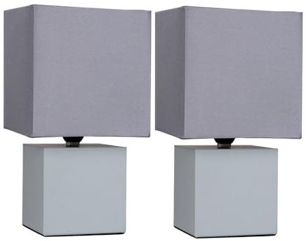 MiniSun | Modern Grey Cube Design Touch Table Lamps with Grey Fabric Light Shades | Table Lamps, Home Décor & Improvement Essential | Set of 2
