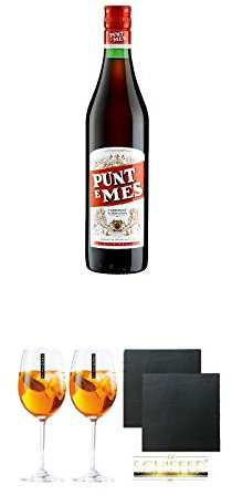 Carpano Punt e Mes 0,75 Liter + Scavi & Ray Wein Glas 2 Stück + Schiefer Glasuntersetzer eckig ca. 9,5 cm Ø 2 Stück