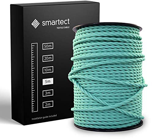 smartect Textilkabel Mint, 5 Meter Vintage Lampenkabel Stoff Gedreht, 3-Adrig (3 x 0.75 mm²) Stromkabel Textilummantelt für eigenes DIY Projekt