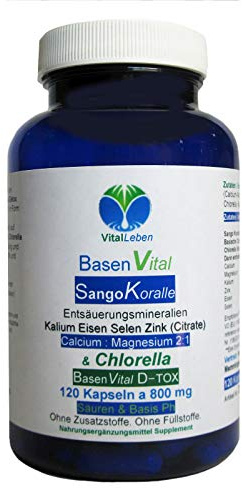 BasenVital Säure-Basen-pH-Balance - BASENPULVER 120 Kapseln - Sango + Calcium + Magnesium + Eisen + Kalium + Selen organische CITRATE & CHLORELLA - OHNE Zusatzstoffe. 26755-120
