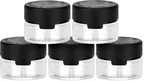 Chubby Gorilla Aviator PET-Kunststoffbehälter für trockene Waren, Pulver und Medikamente, mit kindersicheren Kappen, 5 x Behälter, Transparenter Behälter, schwarzer Deckel, 1oz / 30 cc / 30ml