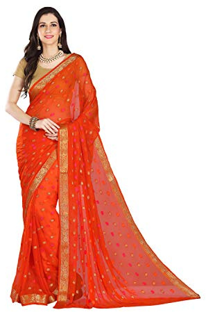 RANI SAAHIBA Sari de gasa con blusa para mujer, Naranja, 5.4 m�tre