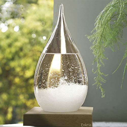 Enkrio Prédicteur météo en verre tempête, station météo avec base en bois, bouteille créative en verre cristal pour décoration de maison et de bureau