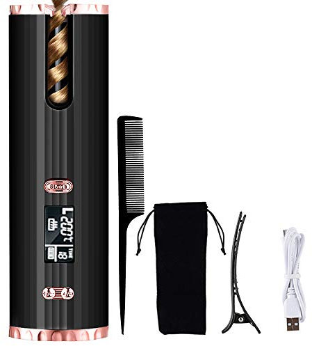 HMEDA Ferro Arricciacapelli Automatico Intelligente,Ferro Arricciacapelli Intelligente con Display LCD, Arricciacapelli Ricaricabile e Senza Fili, 6 Temperature Regolabile (Nero)