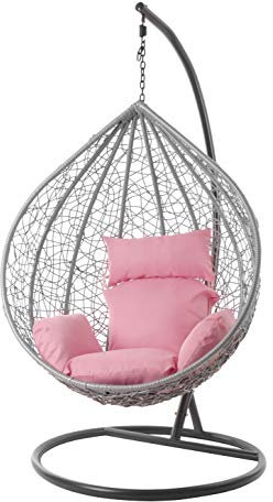 Kideo® Komplettset: großer Hängesessel mit Gestell & Kissen, Lounge Möbel, Poly-Rattan, XXL, grau (Kissen: rosa Nest (3002 Lemonade))