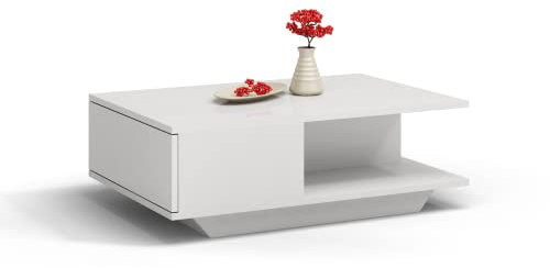 ADGO Denver Table Basse rectangulaire Moderne 90x60x42cm Petite Table d'appoint Basse pour Le Salon, Table Basse avec Rangement, Table à café géométrique Table de Salon (Blanc Brillant)