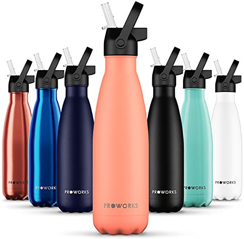 Proworks Insulated Water Bottle With Straw, 500ml Water Bottles, Keeps Your Drinks Hot or Cold for Longer, Range of Styles - Peach Sunrise With Straw Lid