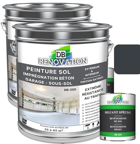 DB Rénovation Peinture Sol Beton Industriel - Garage, sous-sol - Extrême trafic extérieur, intérieur - Haute résistance - Gris anthracite - Kit 10KG + 2L Diluant