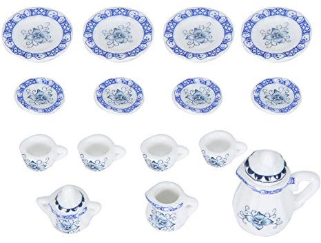 Juego de Té Mini 1:12, Casa de Muñecas, Cocina en Miniatura, 15 Uds., Juego de Tazas de Té de Flores de Porcelana, Colección de Decoración para Niños, Juguetes, Regalos(Porcelana Azul y Blanca)