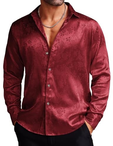 COOFANDY Mens Shirts Long Sleeve Paisley Floral Rose Printed Dress Prom Wedding Party Button Down Shirts Dark Red L
