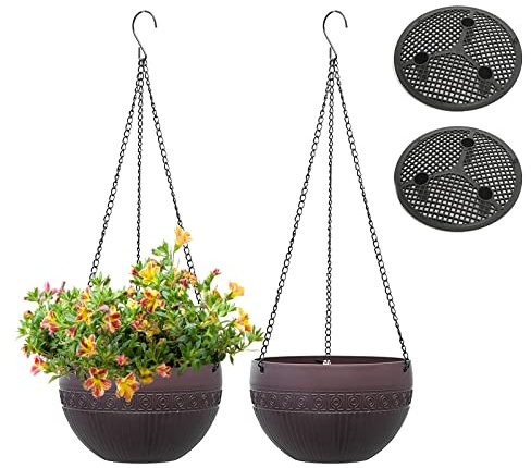 Moollyfox 2 Stück Blumenampel Außen, Ø 21cm Selbstbewässerung Blumentopf Hängend, Hängeampel Outdoor mit Rostfrei Ketten, Hängeblumentöpfe Kunststoff, Hängeampeln für Innen Draußen Decken Pflanzen