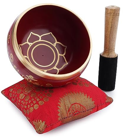 Ajuny Ensemble de Bols Chantants Tibétains – Sculpture de Fleurs Artisanales en Laiton Rouge 4 pouces avec Bâton et Coussin pour le Yoga, la Guérison des Chakras Sonores et le Soulagement du Stress