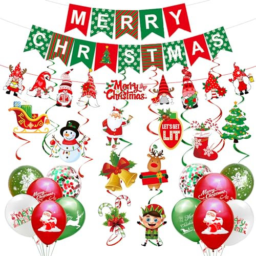 SUPJADE Christmas Party Decorations Set Indoor Xmas Decorations Premium Reusable Paper Christmas Ceiling Hanging Decorations Merry Christmas Banner Bunting Balloons Party Accessories