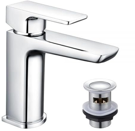 KINGBATH™ Single Lever Mono Basin Mixer Tap with Click Clack Sprung Waste Bathroom Sink Hot and Cold Faucet Solid Brass Modern Chrome Plated Easy to Fit/Install
