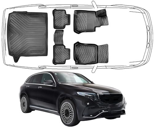 Trimak Passgenau 3D Fussmatten & Kofferraumwanne Auto Set Kompatibel mit Mercedes EQC 2019-2023 Auto Zubehör Gummimatten & Kofferraummatte Autos Allwetter Geruchlos rutschfest Schwarz
