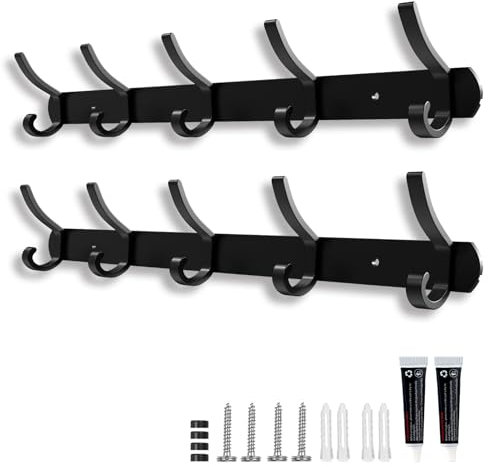 Galerie SV Kleiderhaken, 2 Stück Garderobenhaken Schwarz mit 5 Haken,Garderobenleiste Metall, Jackenhalter Wand, Garderobe Kleiderhaken Wand für Schlafzimmer Bad Küche,43cm (Schwarz)
