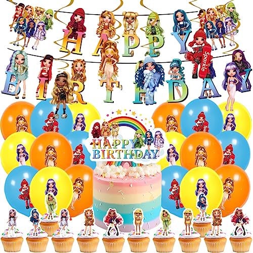 38PCS Rainbow High Party Balloon Decorations,Rainbow High Theme Party Decorations Set Birthday Decorations Rainbow High Balloons Happy Birthday Banner Cake Toppers for Kids Boys