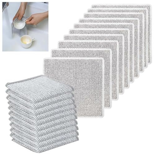 HonTaseng 10PCS Multipurpose Wire Dishwashing Rags for Wet and Dry Use, Non-Scratch Scrubbing Wire Dishcloth, Reusable Cleaning Cloths for Kitchen, Lint-Free Duster Cloth
