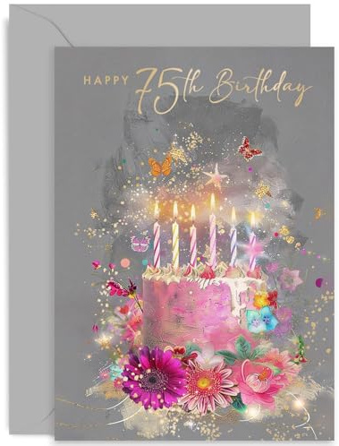 Old English Co. Geburtstagskarte zum 75. Geburtstag für sie – rosa Blumen-Schmetterlings-Geburtstagskuchen-Grußkarte – Geschenk zum fünfundsiebzigsten Geburtstag für sie, Mutter, Schwester, Oma, Tante