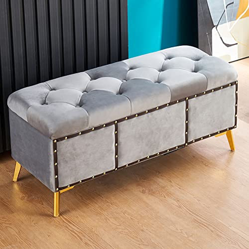 IisrAr Moderner, mit Samt gepolsterter, gepolsterter und mit Nieten versehener Truhe-Fußstütze-Tritthocker für den Eingangsbereich, Schuhbank, Ende des Bettes, Grau, 80 x 40 x 45 cm (31 x 16 x 18 Z