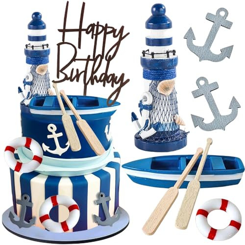YGCHEN Tortendeko Nautische Kuchen Dekoration Mini Leuchtturm Figuren Happy Birthday Cake Topper Schiff Rettungsring Schiffsanker Kuchen Deko Kindergeburtstag 9 Stück