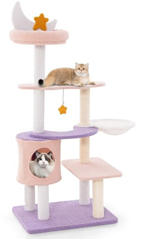 COSTWAY Arbre à Chat Mignon de 140 CM, Centre d'Activité Multicouche avec Hamac, Panier et Condo, Tour à Chat avec Grattoir en Sisal et Jouets Suspendus, Charge 15 KG Chaque Couche (Moderne)