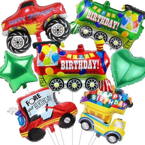 Waziwe 7 Stück XXL Happy Birthday Ballon，Folienballon Geburtstag Deko enthält Pickup-Truck、Zug、Golfwagen、LKW-Ballon，Helium Ballons Können für Kindergeburtstag Deko, Party Deko