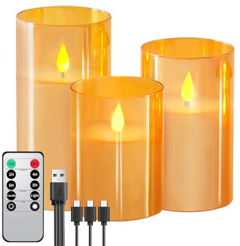 Forever Speed 3er-Set Gold Glas Led Kerzen Aufladbar mit Fernbedienung Timer, Dimmbar Wiederaufladbare Flammenlose Kerzen mit Ladekabel für Wohndekoration, Camping, Hochzeiten, Geschenke