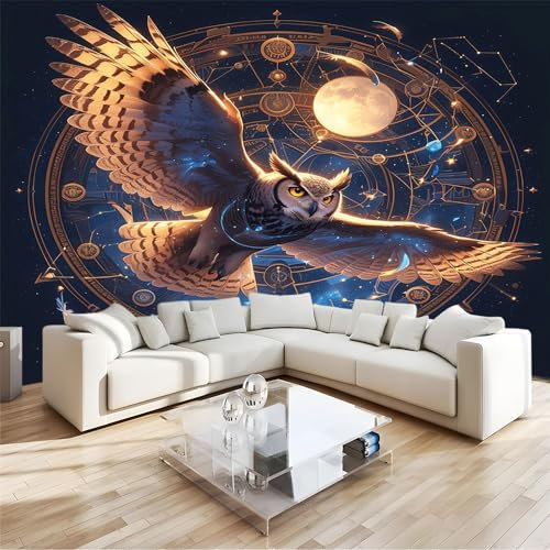 Fototapete 350x256cm XXL Wohnzimmer Schlafzimmer Wanddeko,Schwarz Vlies Wandtapete Poster Deko,Korridor TV-Hintergrundwand Abstrakte VöGel Eulenmond 3D Effekt Tapete