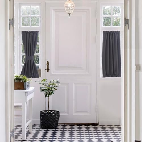 Aquazolax Grey Curtains for Door Windows Set of 2, Small Blackout Rod Pocket French Door Curtain Panels for Living Room/Kitchen (with Tiebacks), 25 Wide x 40 Long