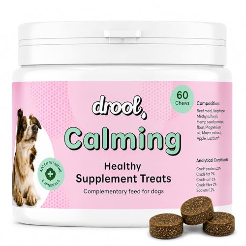 Drool Pet Products | Calming Dog Treats for Anxiety Relief | Natural Beef-Flavoured Dog Calming Supplement for Stress, Fireworks, Travel & Separation | Anxiety Relief for Dogs | 180g (60 Tablets)