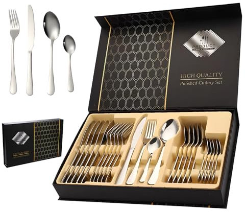 24 Piezas Acero Inoxidable Cuchillo Tenedor Cuchara, Incluyen 6 Cuchillos de Mesa, 6 Tenedores, 6 Cucharas y 6 Cucharitas de Té, Fácil de Limpiar para La Familia, Fiestas, Hoteles, Restaurantes